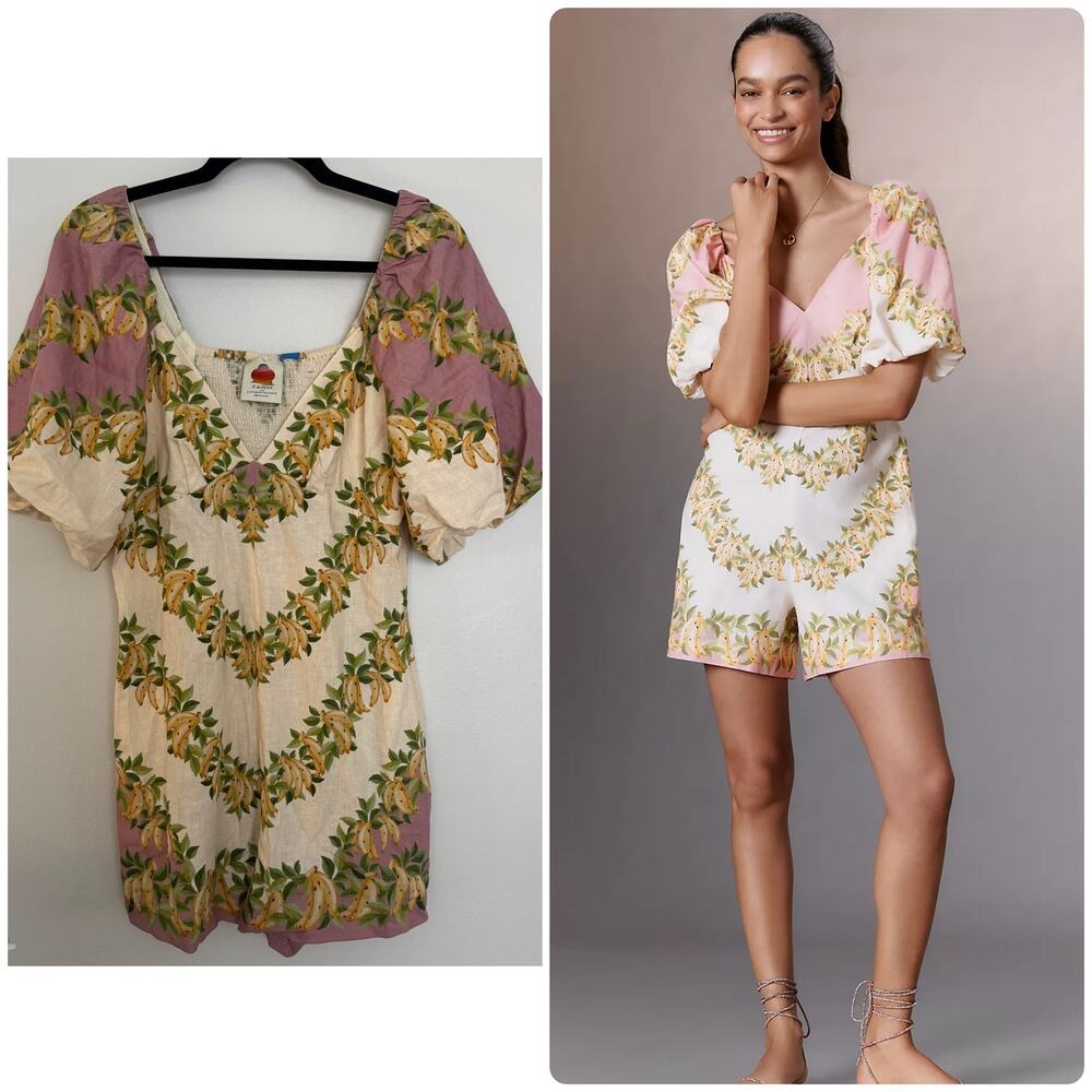 Farm Rio x Anthropologie V-Neck Puff-Sleeve Linen Blend Romper